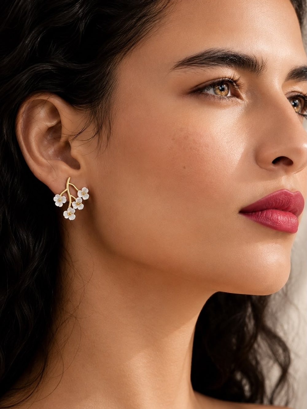 Gold Floral Cluster Earrings with White Petals